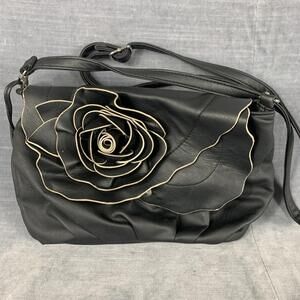 Mia DeLuca Elegant Black Faux Leather Bag with Floral Accent